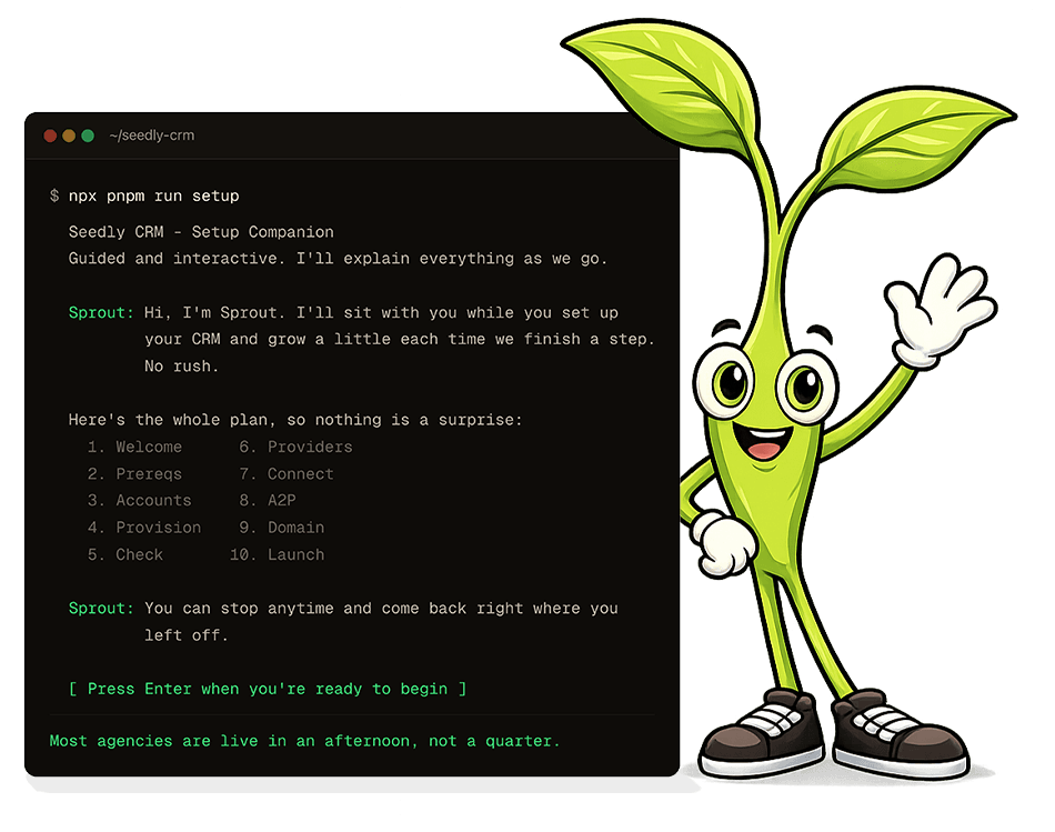 The Seedly setup companion in a terminal, with Sprout the guide waving hello